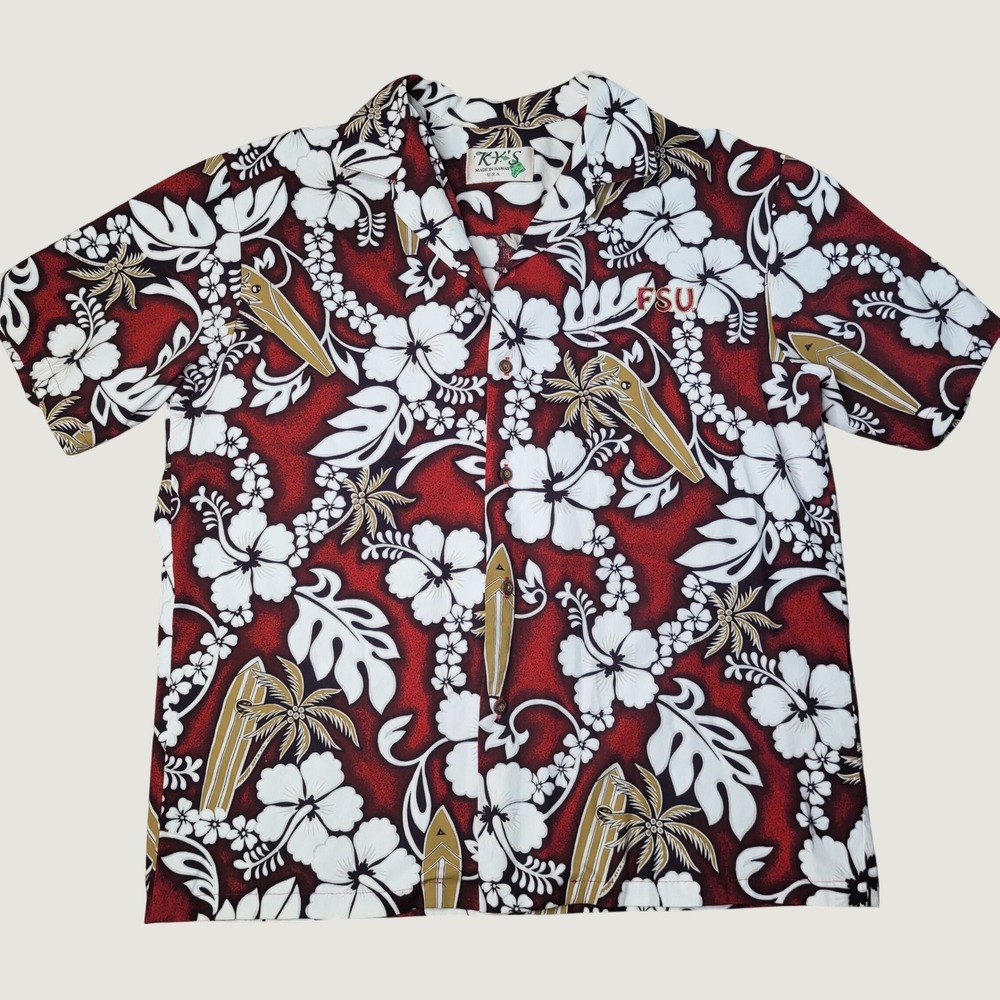 KY'S Florida State University FSU Hawaiian Shirt Mens L Red Aloha Surfboard RARE